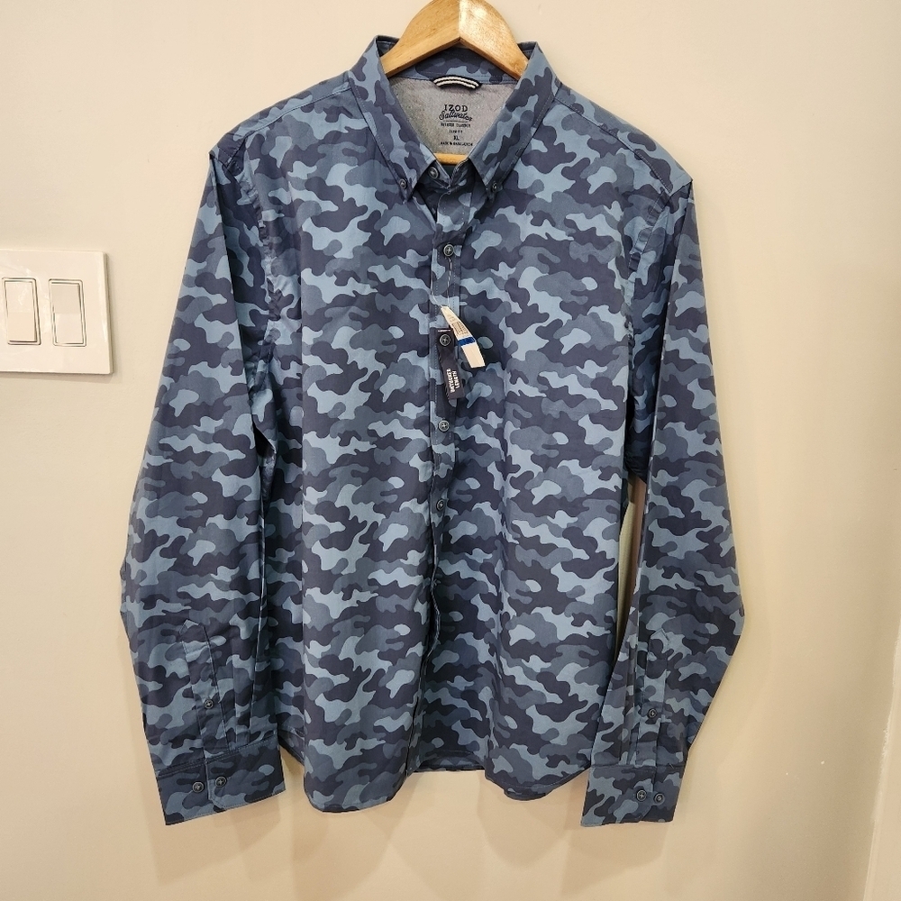NWT Izod Saltwater Shirt Men's XL Blue Camouflage Untucked Long Sleeve Stretch